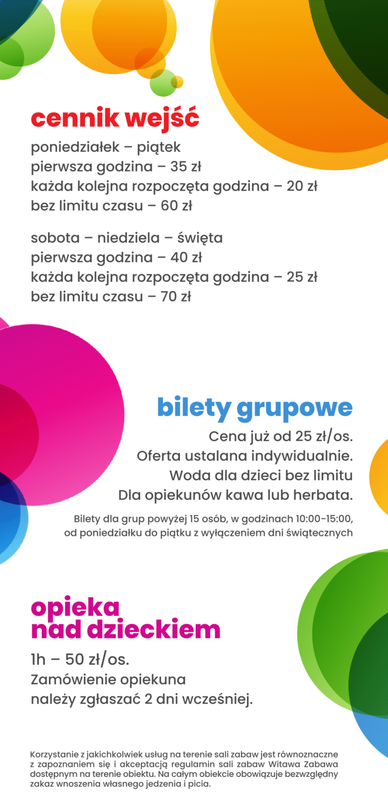 Cennik sala zabaw Witawa Zabawa Gdynia Witomino