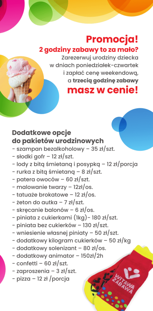 Cennik urodzinowy sala zabaw Witawa Zabawa Gdynia Witomino
