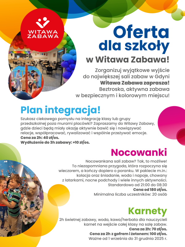 Oferta dla szkół sala zabaw Witawa Zabawa Gdynia Witomino